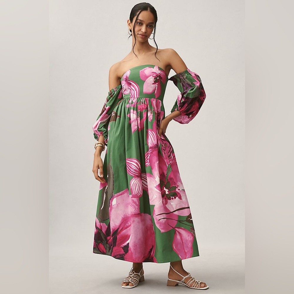 Anthropologie Green Maxi Dress with Pink Floral Print
